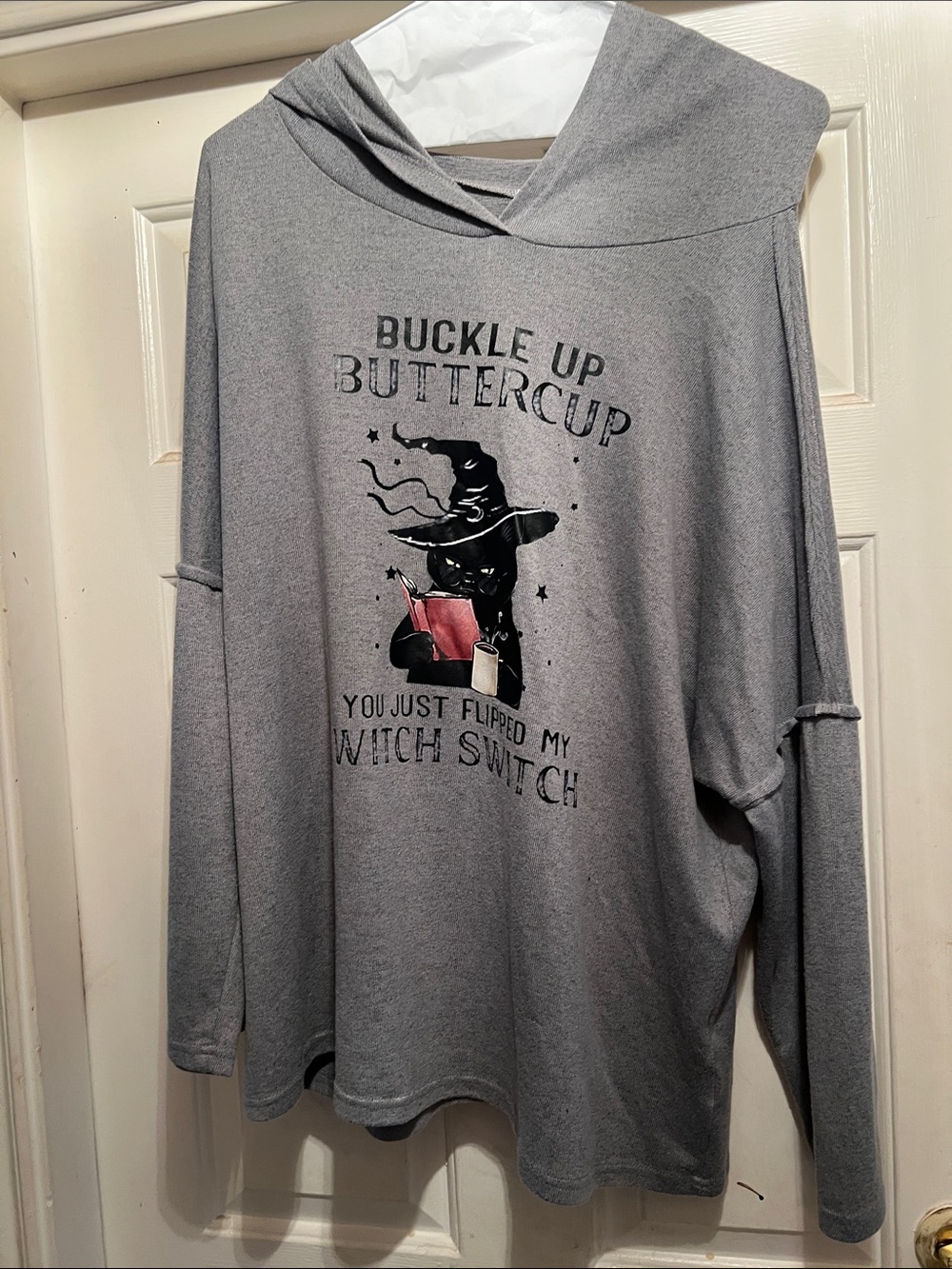 Grey Graphic Hooded Pullover "Buckle Up Buttercup"